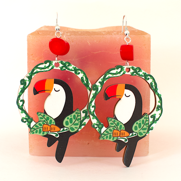 Ξύλινα σκουλαρίκια τουκάν| toucan earrings - κοράλλι, ξύλινα κοσμήματα - 3