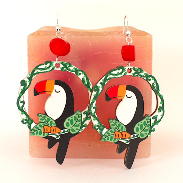 Ξύλινα σκουλαρίκια τουκάν| toucan earrings - κοράλλι - 3