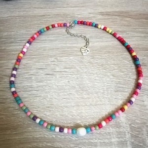 Κοντό κολιέ με πολύχρωμες χάντρες χαολιτη και μαργαριτάρι καλλιέργειας - ημιπολύτιμες πέτρες, κοντά, seed beads - 5