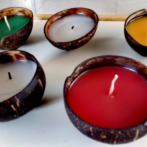 Χειροποίητο κερί σε φυσικό φλοιό καρύδας - δώρο, διακόσμηση, μπολ, αρωματικά κεριά - 4
