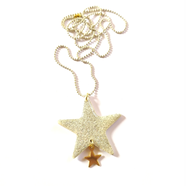 Silver star necklace - γυαλί, γκλίτερ, αστέρι, πηλός, μακριά