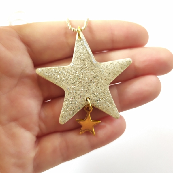 Silver star necklace - γυαλί, γκλίτερ, αστέρι, πηλός, μακριά - 2