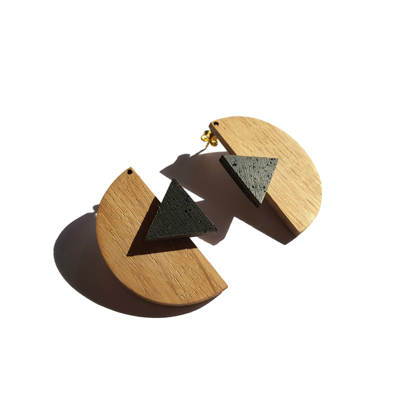 χειροποίητο κοντό σκουλαρίκι chorus - ξύλο, επιχρυσωμένα, τσιμέντο, καρφωτά - 2