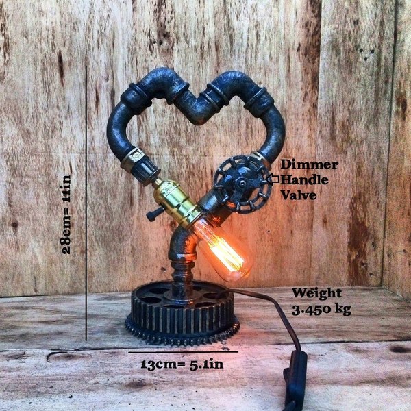 I R O N H E A R T Heart Table Lamp, Valentines Gift for him, Love Gift, Desk Lamp, Accent Lamp, Indusrtial Unique Lamp - πορτατίφ, κρεμαστά - 3