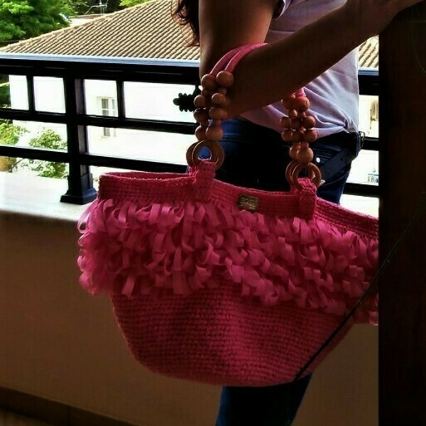 Summer bag rafia, καλοκαιρινή πλεκτή τσάντα με ροζ rafia με διαστάσεις : 43*25*21 - ψάθα, χειροποίητα, πλεκτές τσάντες, μικρές - 4
