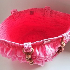 Summer bag rafia, καλοκαιρινή πλεκτή τσάντα με ροζ rafia με διαστάσεις : 43*25*21 - ψάθα, χειροποίητα, πλεκτές τσάντες, μικρές - 5