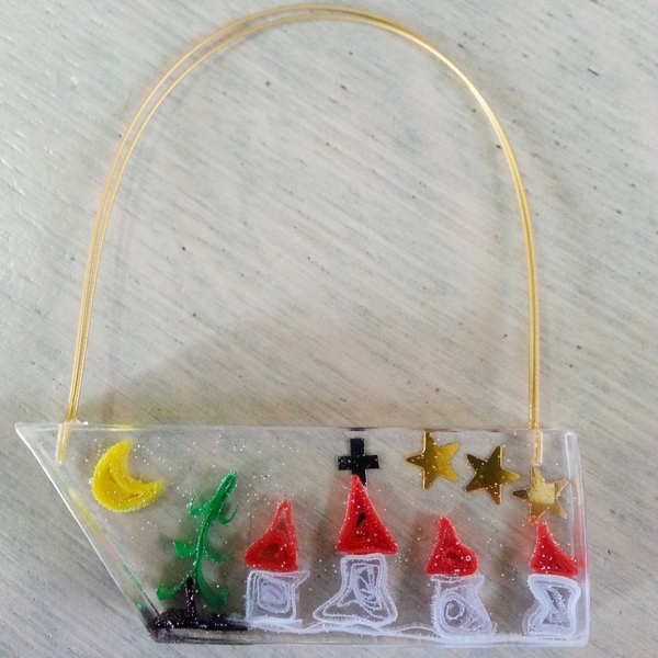 ''Χωριό'' Χριστουγεννιάτικα στολίδια,υγρό γυαλί με paper quilling , 4cm - στολίδια