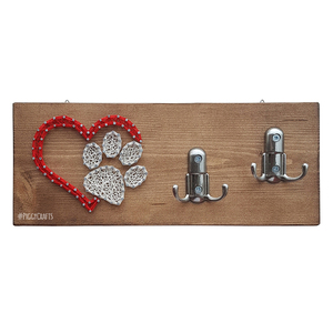 Ξύλινη κρεμάστρα για λουράκια σκύλου, με καρφιά & κλωστές 33x12cm - ξύλο, διακόσμηση, κρεμάστρες