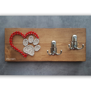 Ξύλινη κρεμάστρα για λουράκια σκύλου, με καρφιά & κλωστές 33x12cm - ξύλο, διακόσμηση, κρεμάστρες - 5