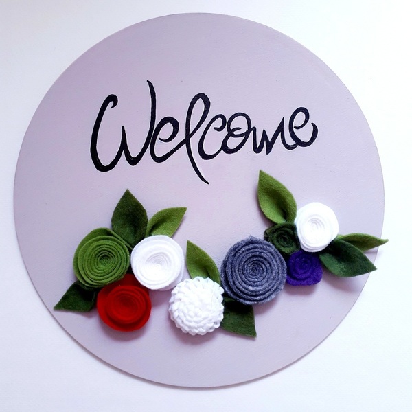 Ξύλινη πινακίδα "welcome" - λουλούδια, χειροποίητα, κρεμαστά, διακοσμητικά - 4