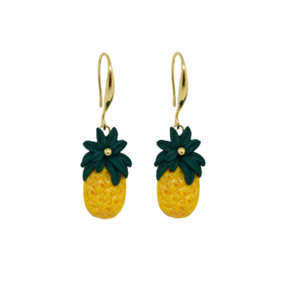 "Ananas"- Χειροποίητα κρεμαστά σκουλαρίκια ανανάδες από πηλό (4εκ.) (ορείχαλκος) - δώρο, πηλός, λουλούδι, μικρά, boho, κρεμαστά, φθηνά