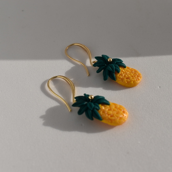 "Ananas"- Χειροποίητα κρεμαστά σκουλαρίκια ανανάδες από πηλό (4εκ.) (ορείχαλκος) - δώρο, πηλός, λουλούδι, μικρά, boho, κρεμαστά, φθηνά - 5