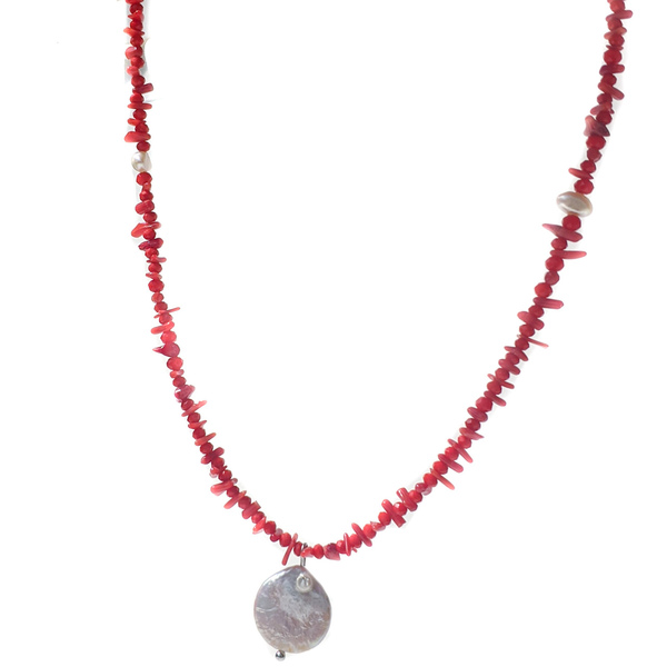 Κολιέ με κόκκινα τσιπς - ημιπολύτιμες πέτρες, μαργαριτάρι, κοντά, πέρλες - 2