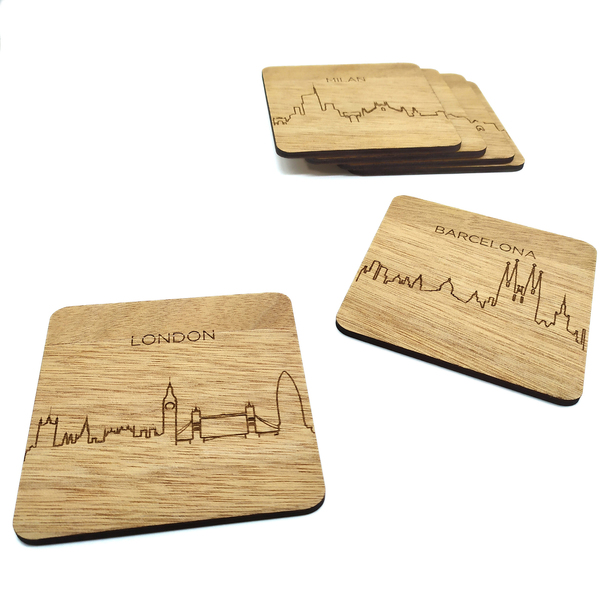 Ξύλινα Χειροποίητα Σουβέρ Πόλεις (Σετ 6 τμχ + βάση 9cm x 9cm - ξύλο, σουβέρ, διακοσμητικά, είδη σερβιρίσματος, ξύλινα σουβέρ