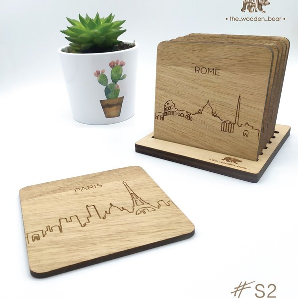 Ξύλινα Χειροποίητα Σουβέρ Πόλεις (Σετ 6 τμχ + βάση 9cm x 9cm - ξύλο, σουβέρ, διακοσμητικά, είδη σερβιρίσματος, ξύλινα σουβέρ - 2