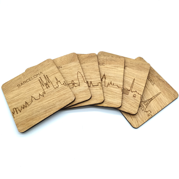 Ξύλινα Χειροποίητα Σουβέρ Πόλεις (Σετ 6 τμχ + βάση 9cm x 9cm - ξύλο, σουβέρ, διακοσμητικά, είδη σερβιρίσματος, ξύλινα σουβέρ - 3