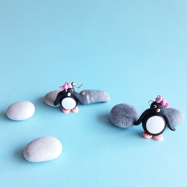 Πιγκουινάκια κρεμαστά σκουλαρίκια - πηλός, πρωτότυπο, μικρά, κρεμαστά, φθηνά - 2