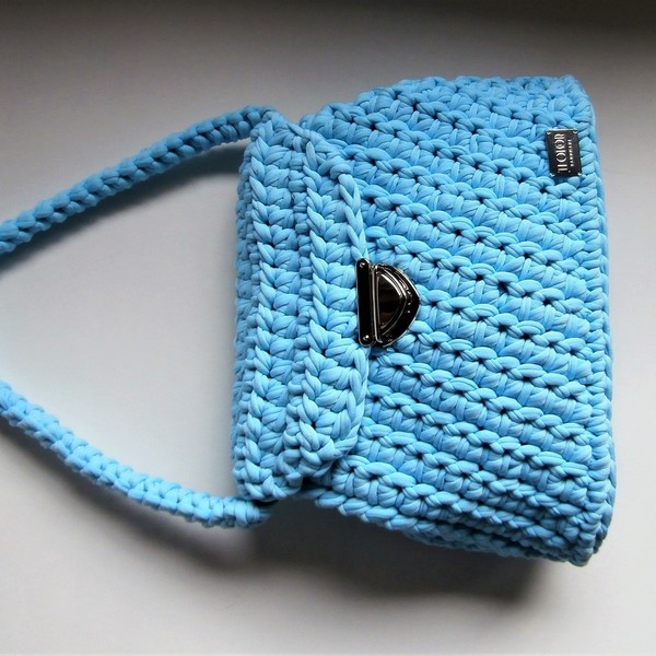 καθημερινή τσάντα με t-shirt yarn - ώμου, crochet, χειροποίητα, μεγάλες, πλεκτές τσάντες - 5