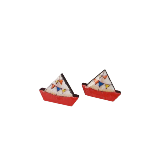 Stud earrings “Mini Boats”. - ξύλο, γυαλί, ζωγραφισμένα στο χέρι, καρφωτά, μικρά - 2