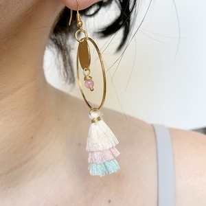 Candy Boho style σκουλαρίκια με φουντάκια (ασπρο-ροζ-τυρκουαζ) - ορείχαλκος, με φούντες, πέτρες, boho, κρεμαστά, μεγάλα - 3