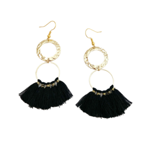 Μαύρα Boho style σκουλαρίκια με φουντάκια - κρεμαστά, ορείχαλκος, boho, με φούντες, faux bijoux