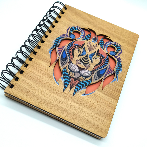 Ξύλινο Σημειωματάριο Λιοντάρι (Wooden Notebook Lion) 14,5cm x 20cm - δώρο, δώρα για άντρες, δώρα γενεθλίων, δώρα για αγόρια, τετράδια & σημειωματάρια - 3