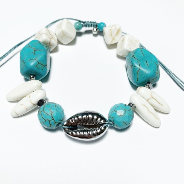 turquoise shell bracelet - charms, κοχύλι, κορδόνια, χάντρες, αυξομειούμενα, φθηνά