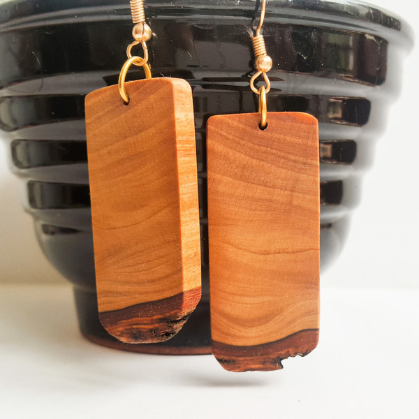 Κρεμαστά σκουλαρίκια από ξύλο ελιάς - Μεσαίο μέγεθος - γυναικεία, minimal, κρεμαστά - 2