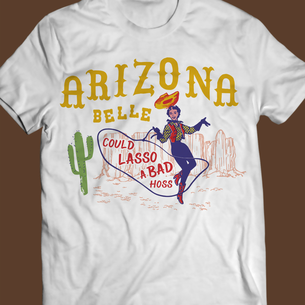 Arizona, cowgirl, pinup wild west vintage retro t-shirt με λάσο και κάκτους.