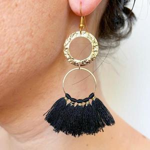 Μαύρα Boho style σκουλαρίκια με φουντάκια - ορείχαλκος, με φούντες, boho, κρεμαστά, faux bijoux - 2