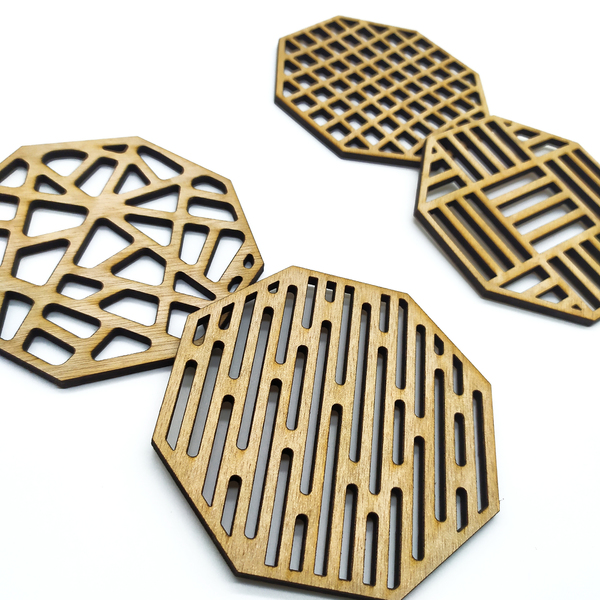 Ξύλινα Σουβέρ Laser cut , Πολύγωνο σχήμα, (Σετ 6 τμχ + βάση 9cm x 9cm) - ξύλο, δώρο, χειροποίητα, είδη σερβιρίσματος, ξύλινα σουβέρ