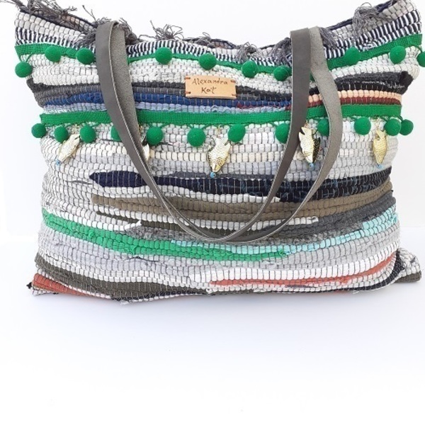 BOHEMIAN τσάντα θαλάσσης "ΚΟΥΡΕΛΟΥ" με δερμάτινα λουριά - δέρμα, ύφασμα, ώμου, μεγάλες, θαλάσσης, φθηνές - 4