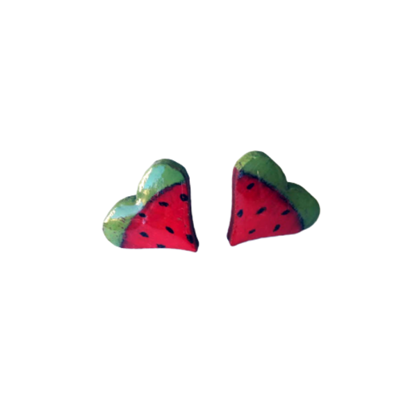 Stud earrings “Watermelon hearts”. - γυαλί, ζωγραφισμένα στο χέρι, καρδιά, καρπούζι, καρφωτά, μικρά