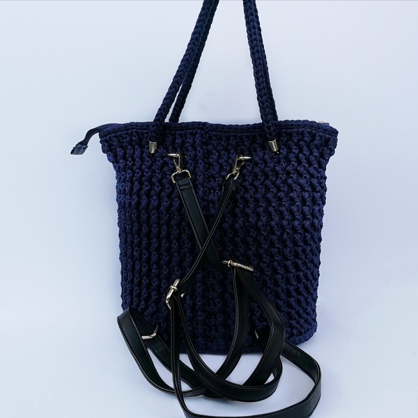 "Amversa" μπλε τσάντα 2σε1 - πλάτης, μεγάλες, all day, πλεκτές τσάντες - 2