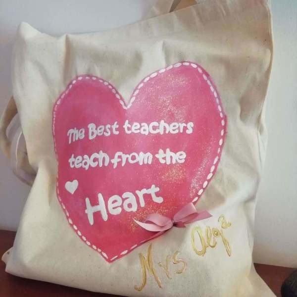 Δώρο για την δασκάλα - Πάνινη τσάντα ζωγραφισμένη με καρδιά - ώμου, πάνινες τσάντες, φθηνές - 5