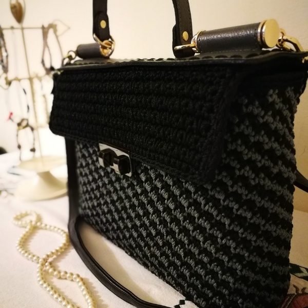 "Lina" μαύρη - γκρι τσάντα τύπου ταχυδρόμου - χιαστί, πλεκτές τσάντες - 4