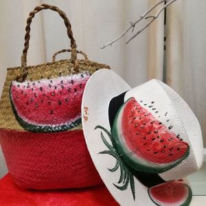 Ψάθινο καπέλο ζωγραφισμένο με θέμα το "καρπούζι". - ψάθινα - 5
