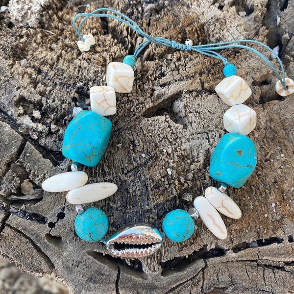 turquoise shell bracelet - charms, κοχύλι, κορδόνια, χάντρες, αυξομειούμενα, φθηνά - 2