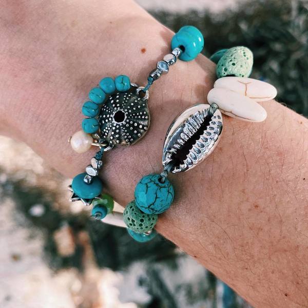 turquoise shell bracelet - charms, κοχύλι, κορδόνια, χάντρες, αυξομειούμενα, φθηνά - 3