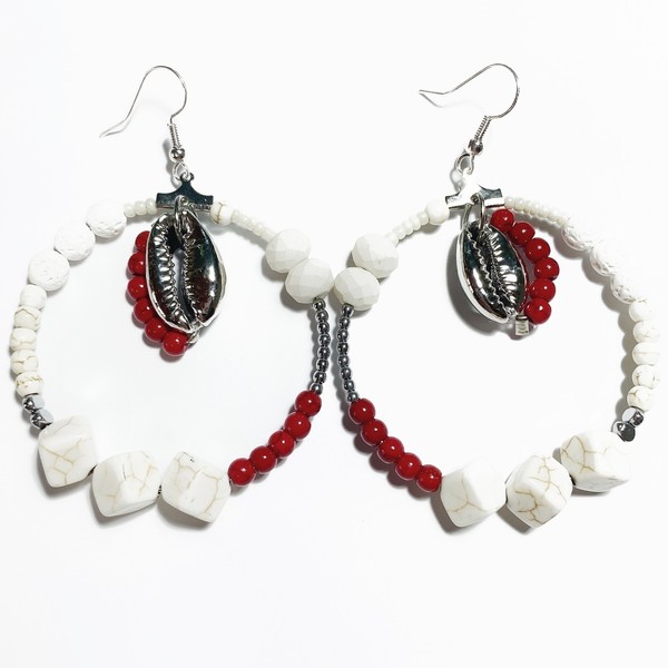 Red and White urchin earrings - κοχύλι, κρίκοι, πέτρες, boho, μεγάλα