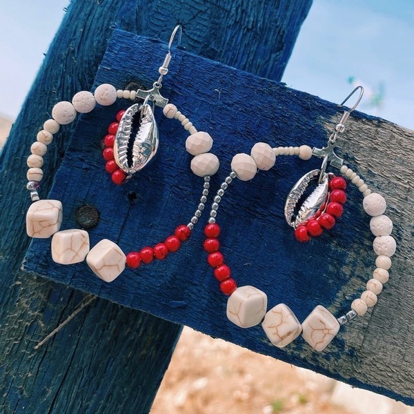 Red and White urchin earrings - κοχύλι, κρίκοι, πέτρες, boho, μεγάλα - 2