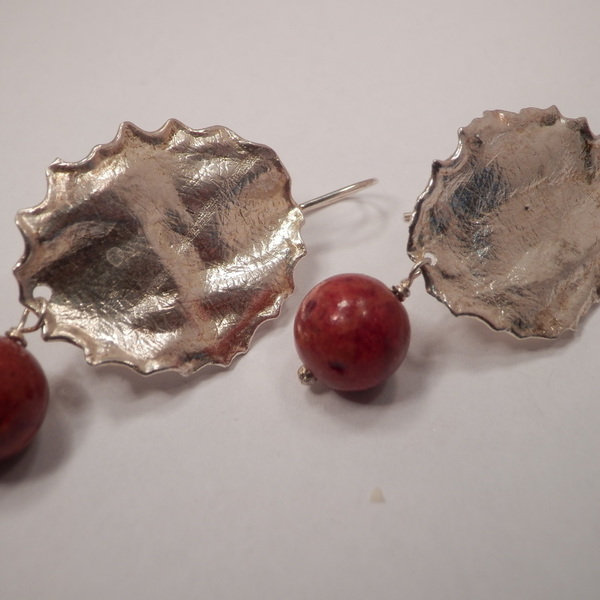 σκουλαρικι απο ασημι 925 με μηλοκοραλο - ασήμι, πέτρες, μακριά, κρεμαστά
