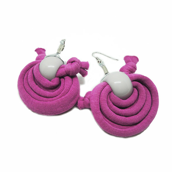 Σκουλαρίκια υφασμάτινα ροζ γκρι χάντρα - ύφασμα, καθημερινό, boho, κρεμαστά, φθηνά