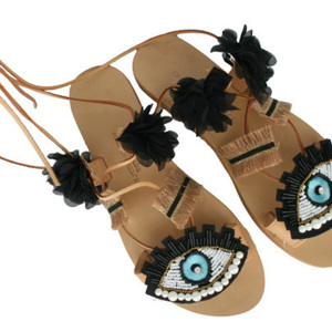 Evil eye gladiator sandals σε μαύρες αποχρώσεις. Lace up sandals. - gladiator, φλατ, δέρμα, evil eye, λουλούδια, σανδάλια, κορδόνια