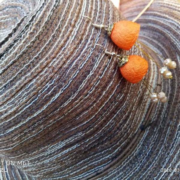 Σκουλαρικια απο κουκουλια σε πορτοκαλι αποχρωση - ασήμι, γυαλί, κρεμαστά - 2