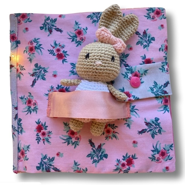 Βιβλίο δραστηριοτήτων με πλεκτό κουκλάκι λαγουδάκι/ Quiet Book pink bunny, 18*18εκ. - λούτρινα, δώρο για βάφτιση, δώρο γεννεθλίων