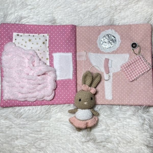Βιβλίο δραστηριοτήτων με πλεκτό κουκλάκι λαγουδάκι/ Quiet Book pink bunny, 18*18εκ. - λούτρινα, δώρο για βάφτιση, δώρο γεννεθλίων - 2
