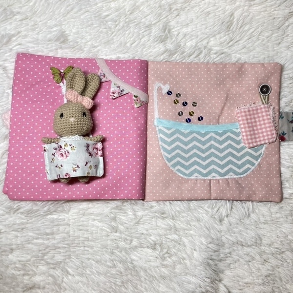 Βιβλίο δραστηριοτήτων με πλεκτό κουκλάκι λαγουδάκι/ Quiet Book pink bunny, 18*18εκ. - λούτρινα, δώρο για βάφτιση, δώρο γεννεθλίων - 4