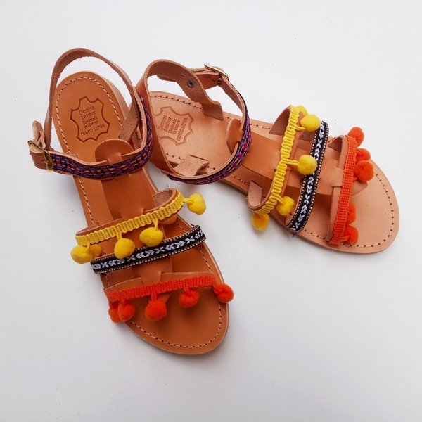 Παιδικά σανδάλια με Πον πον - δέρμα, σανδάλια, φλατ, ankle strap - 2