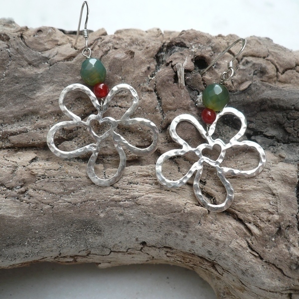 σκουλαρίκια λουλούδια με καρδιά - ασήμι, ημιπολύτιμες πέτρες, κρεμαστά